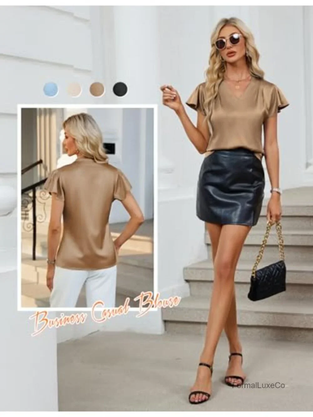 Satin Ruffle Short Sleeve Blouse V-Neck Womens Dressy Casual Business Top